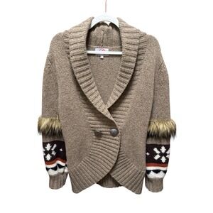Roja Cardigan Women Small Brown Faux Fur Trim Snowflake Lambswool Angora Sweater